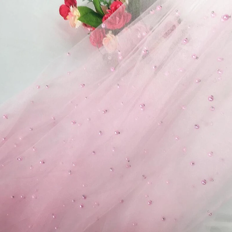 1 Yard Ricamato da sposa tulle maglia lace trim con perle 140 CM di larghezza tessuto per abiti in bianco rosa e Nero colore