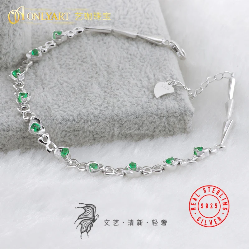 6.5inches luxirous Sterling silver jewelry emarald CZ Stone link Chain bangle 100% S925 heart charm bracelets women