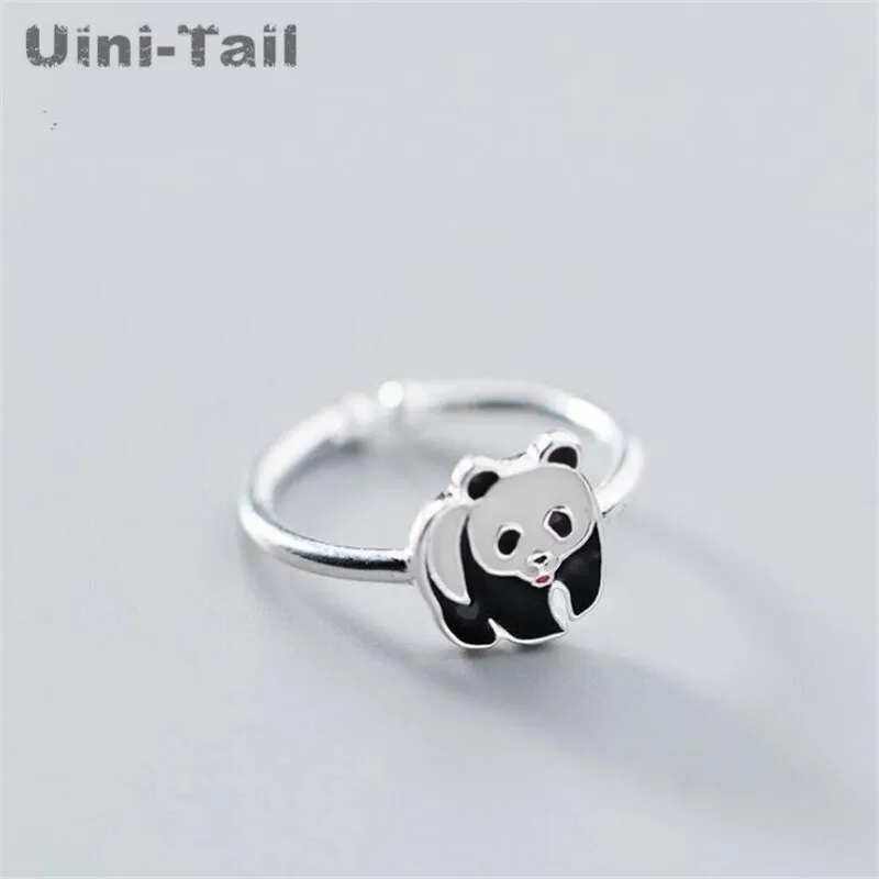 Uini-Tail hot new 925 Tibetan silver cute panda opening adjustable ring China National Treasure sweet fashion small animal JZ086