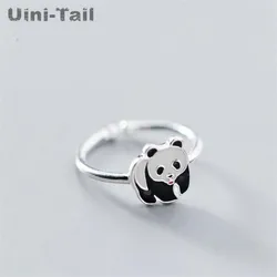 Uini-tail 925チベットのシルバーオープニング調節可能なリング、かわいいパンダリング、中国の全国宝物、小さな動物、ホットな新しいファッション、jz086