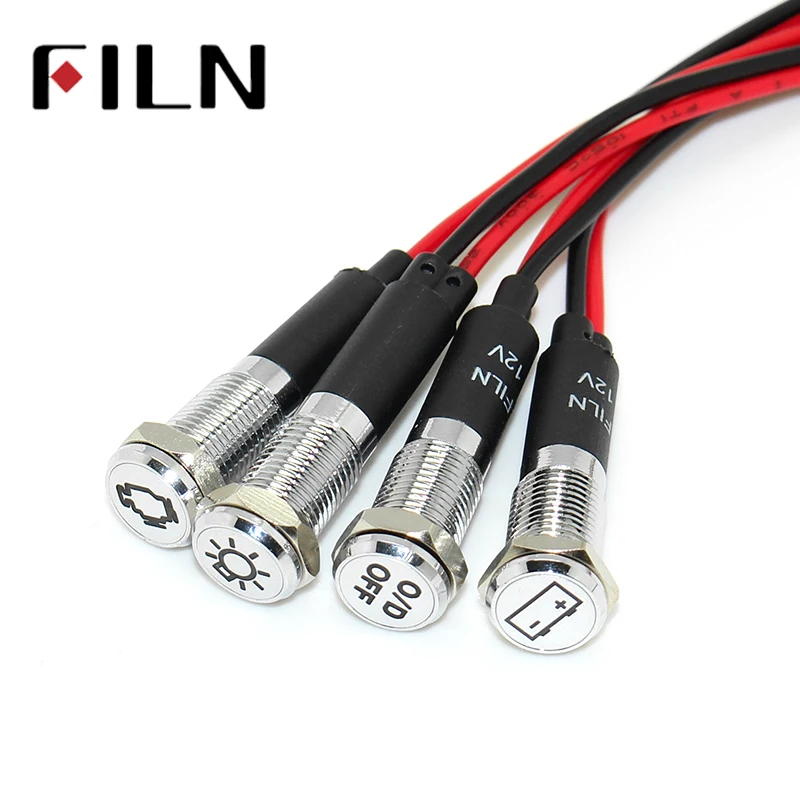 FILN-Dashb de advertencia de 8mm, luz indicadora led de 12v con cable de 20cm con símbolo, rojo, amarillo, blanco, azul y verde