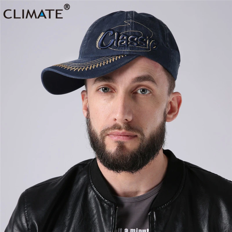 CLIMATE Men Classic Baseball Caps Men Heavy Washed Denim Cap Jeans Wear Classic Logo Cool Sports Casual Cap One Size Adjustable