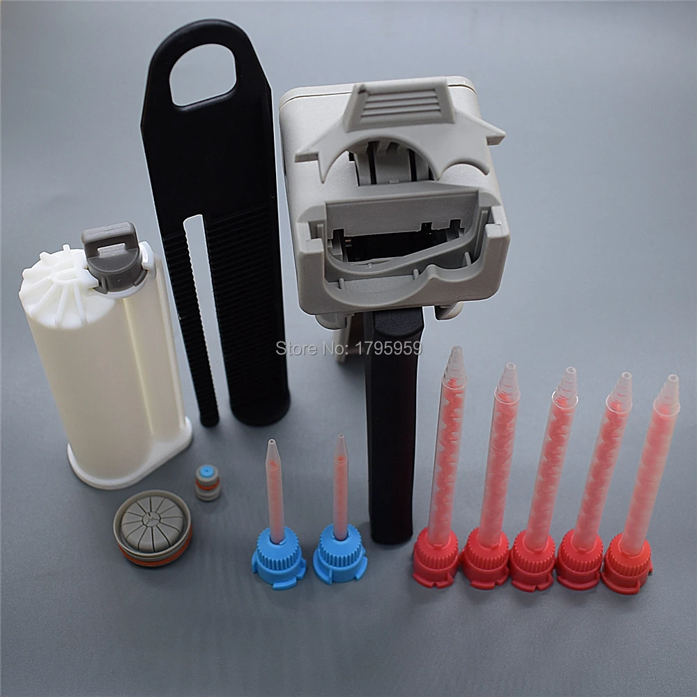 50ml AB pistola per colla 10:1 Dispenser per pistola per calafataggio con 50ml 1: 1 cartuccia vuota a doppio barilotto e Set di ugelli per miscelazione statica 7pc 10:1 AB