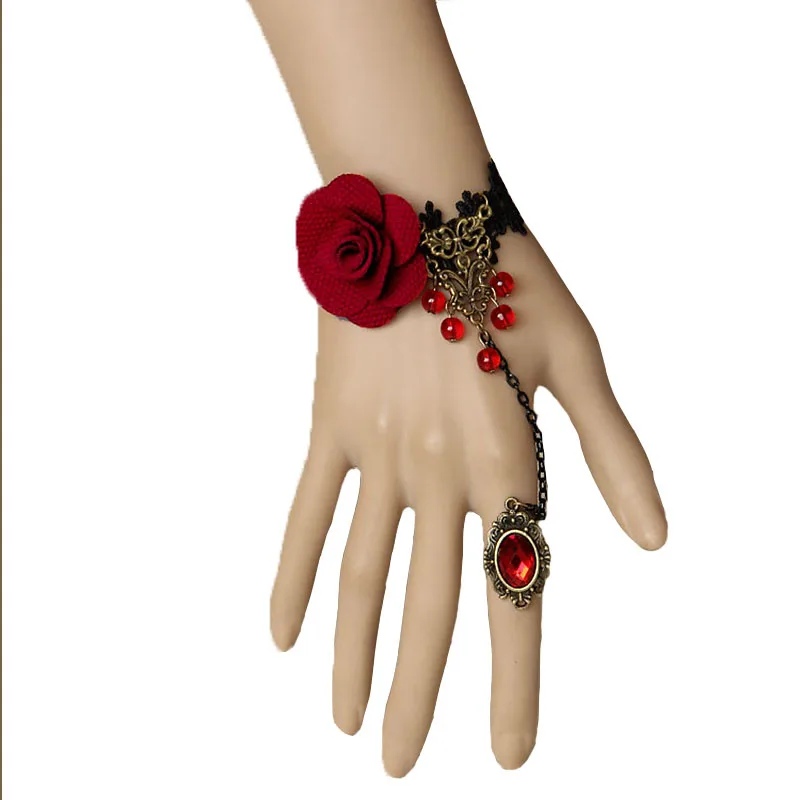 Handmade Gothic Womens Red Rose Flower Beads Drop Black Lace Adjustable Ring Bracelet Slave Set Bronze Alloy Retro Lolita Ball