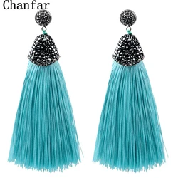 Vintage Bohemian Crystal Long Silk Tassel Earring Women Rhinestone Charm Stainless Steel Dangle Drop Earrings Boho Jewelry