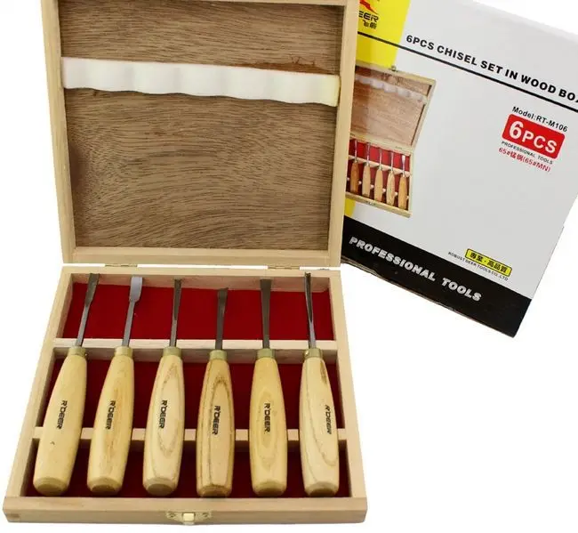 made in hongkong high quality 65#MN 6pcs wood sculptural chisel carving tools with wooden box NO.RT-M106 freeshipping