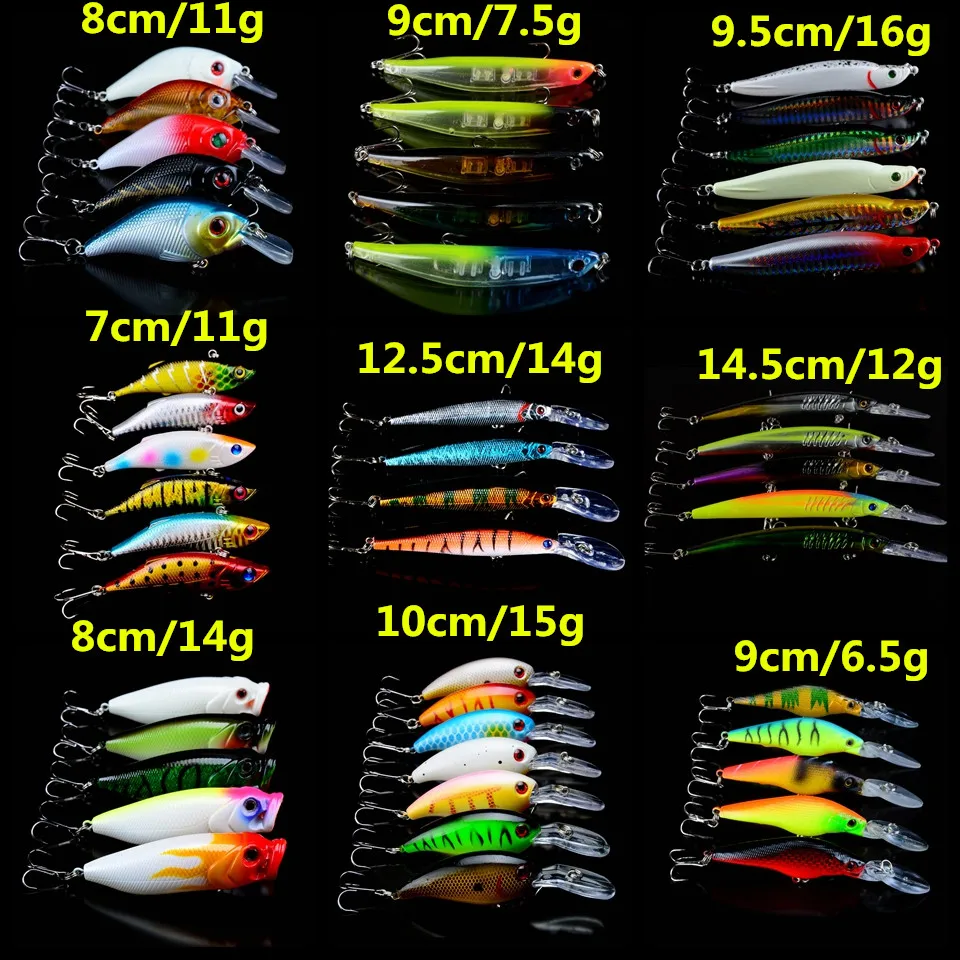 

48pcs/lot Fishing Lures Minnow/Crank/VIB and Popper Fishing Bait Mixed 9 Models Hard Baits Quality Professional Fishing Tackle