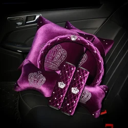 Purple Crystal Crown Car Seat Interior Accessories Steering Wheel Covers Plush Auto Neck Support Seatbelt Gear Shifter Cover Set