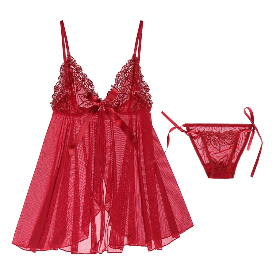 Yhotmeng – pyjama sexy en dentelle rouge vin brodé, ajouré, écharpe translucide, robe de nuit courte pour femmes, nouvelle collection