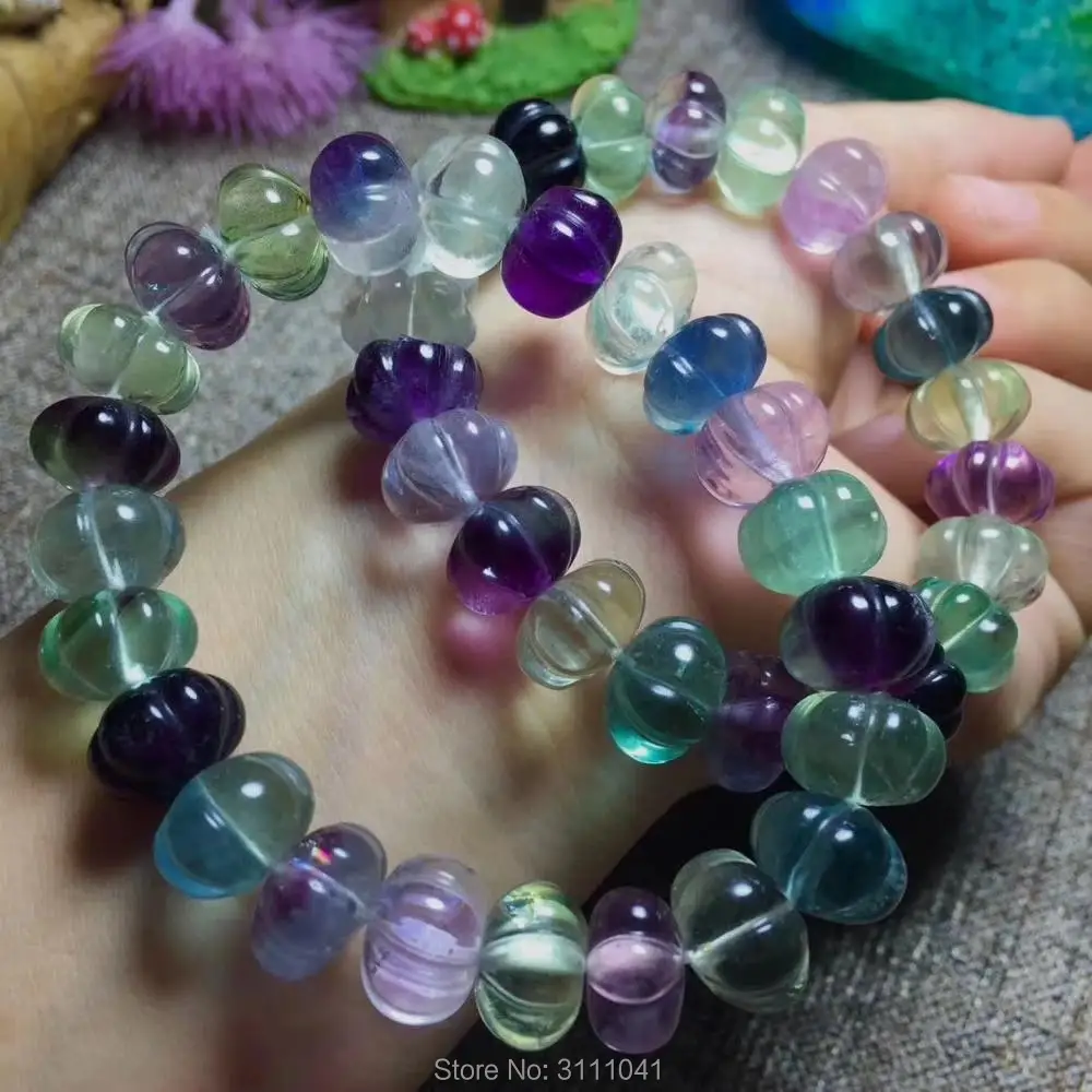 fluorite round carved pumpkin 10/12/14mm multicolor  bracelet 7.5inch wholesale beads  FPPJ