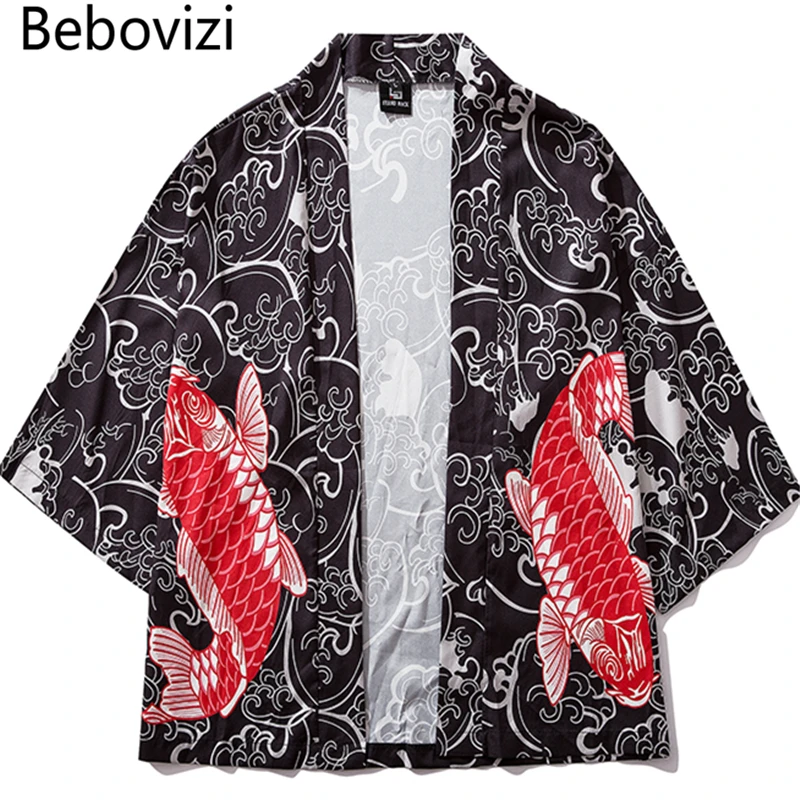 Bebovizi 2019 Casual Clothes Japan Style Thin Kimono Men Japanese Streetwear Chinese Style Koi Print Robe Summer Jacket