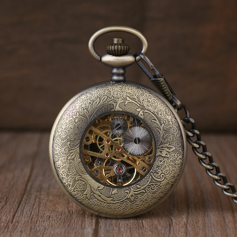 Antique Classic Digital Display Skull Handicraft Gentleman Mechanical Pocket Watch Vintage Steampunk Manual Winding Chain Clock