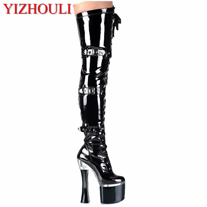 

18cm ultra high heels boots platform leather 7 inch over the knee boots plus big size thigh high boots for women