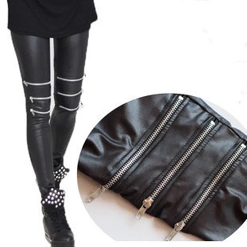 Zipper Punk Leggins Women Patterned Bandage Cool Girl Pants Leggings Leginsi Lacina Calca Black