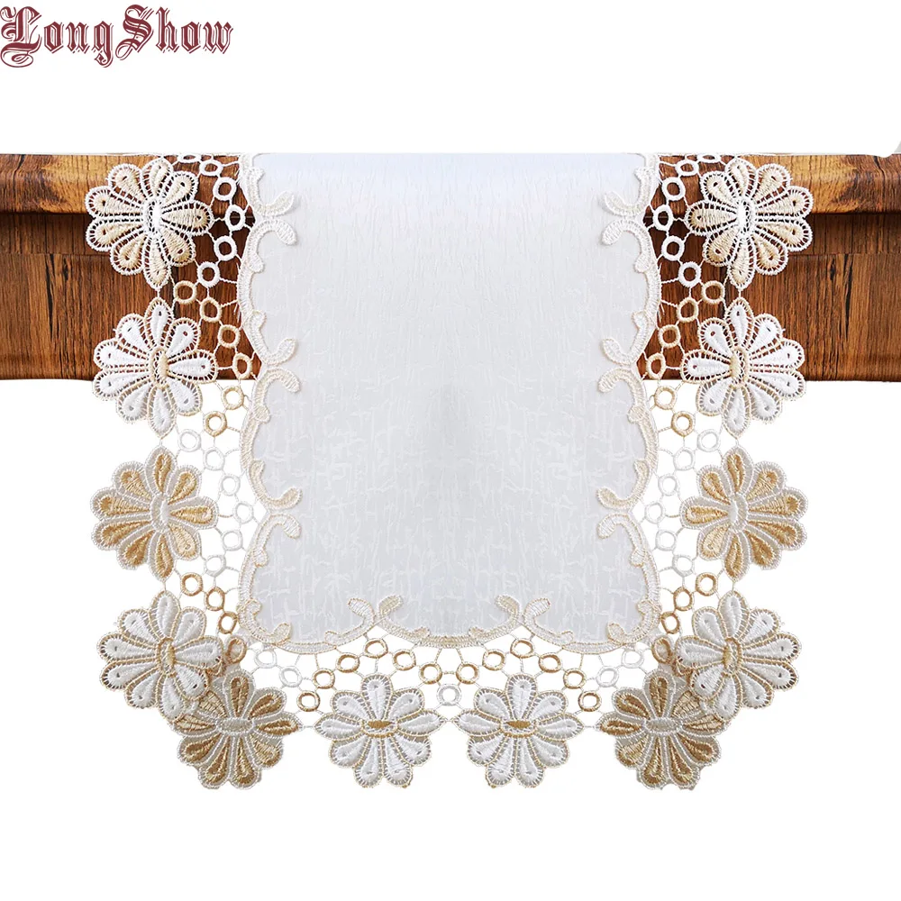 Creative Embroidered Lace Vintage Style White Color Polyester Table Runner For Christmas Wedding Party Decoration