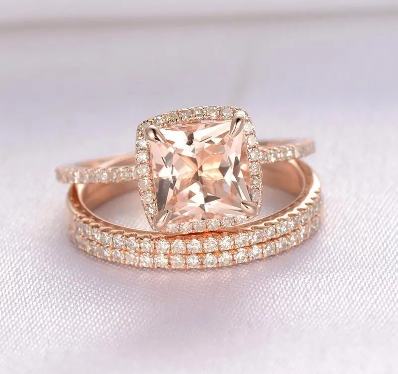 

Brand New Luxury Jewelry 10KT Rose Gold Filled Princess Cut AAA Cubic Zirconia Party CZ Eternity Wedding Band Ring Set for Women