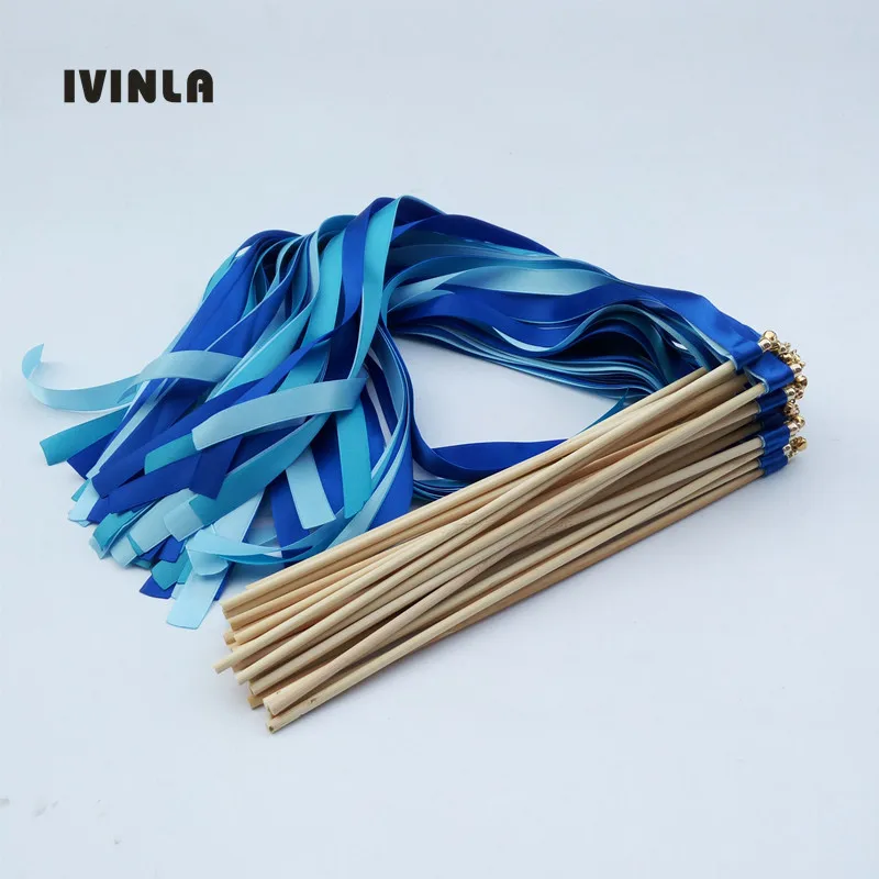 Hot Selling 50pcs/lot blue and light blue wedding ribbon wands with gold bell