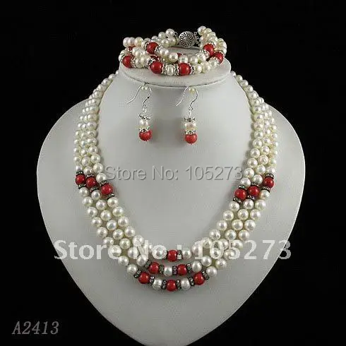 

Stunning!jewelry set AA7-8mm white color Genuine freshwater pearl & coral necklace bracelet earring Hot sale free shipping A2413