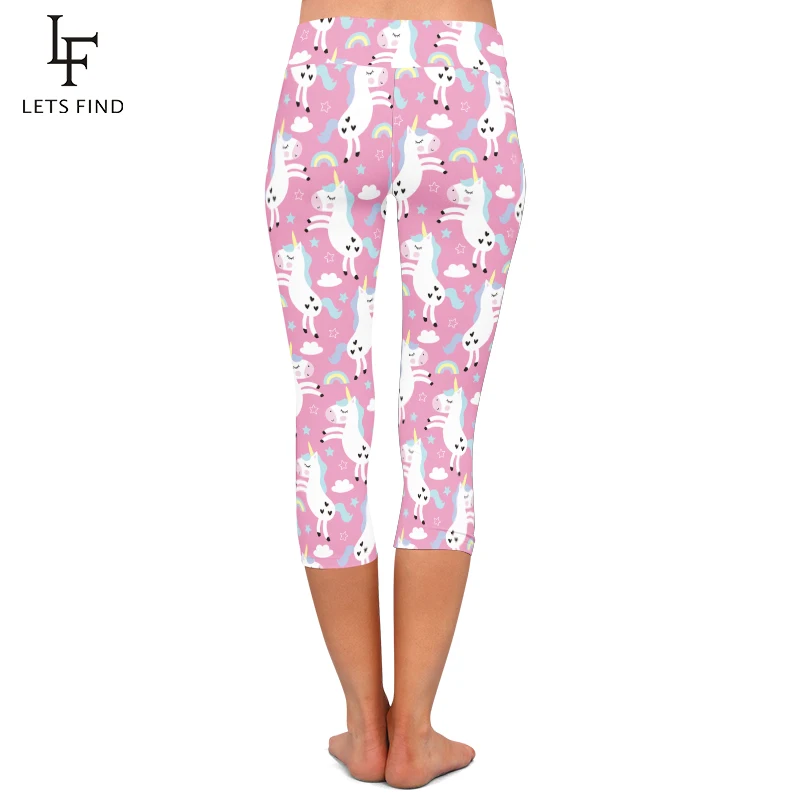 LETSFIND Legging untuk Wanita Celana Fitness Legging Kapri Merah Muda Elastis Pinggang Tinggi Motif Unicorn Pelangi Kartun