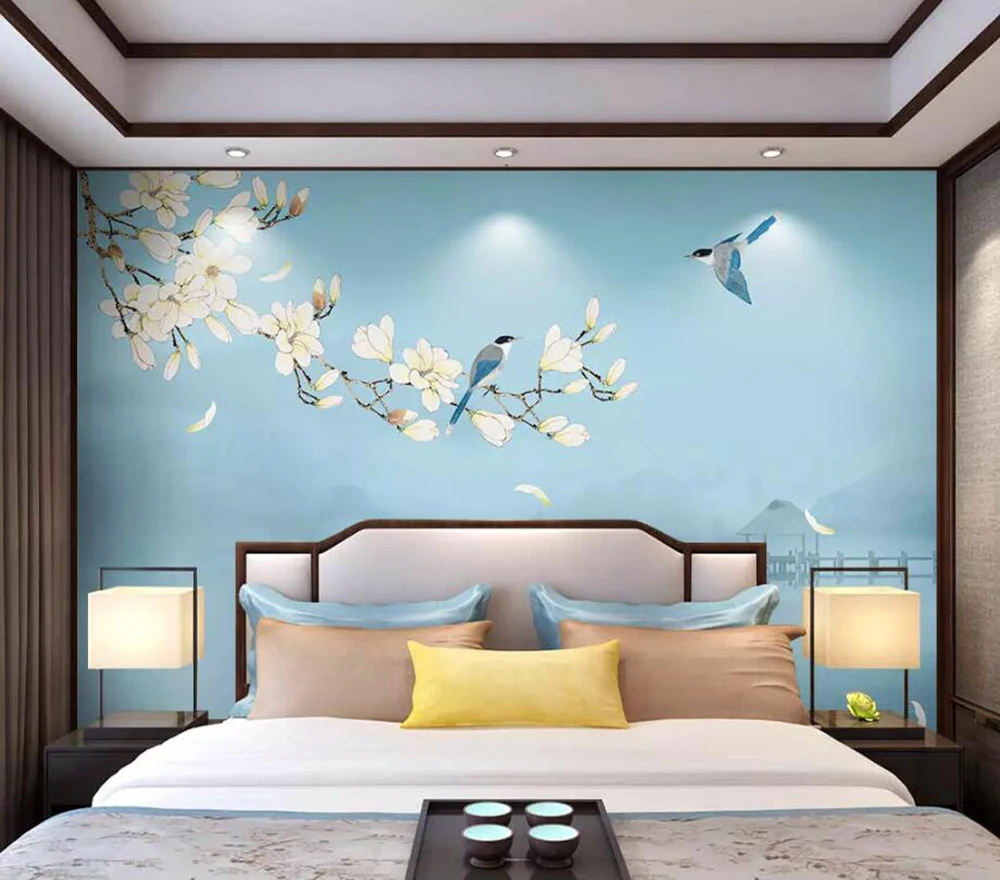 

Custom mural wallpaper 3D Chinese hand-painted yulan gongbi flowers and birds background wall decoration painting