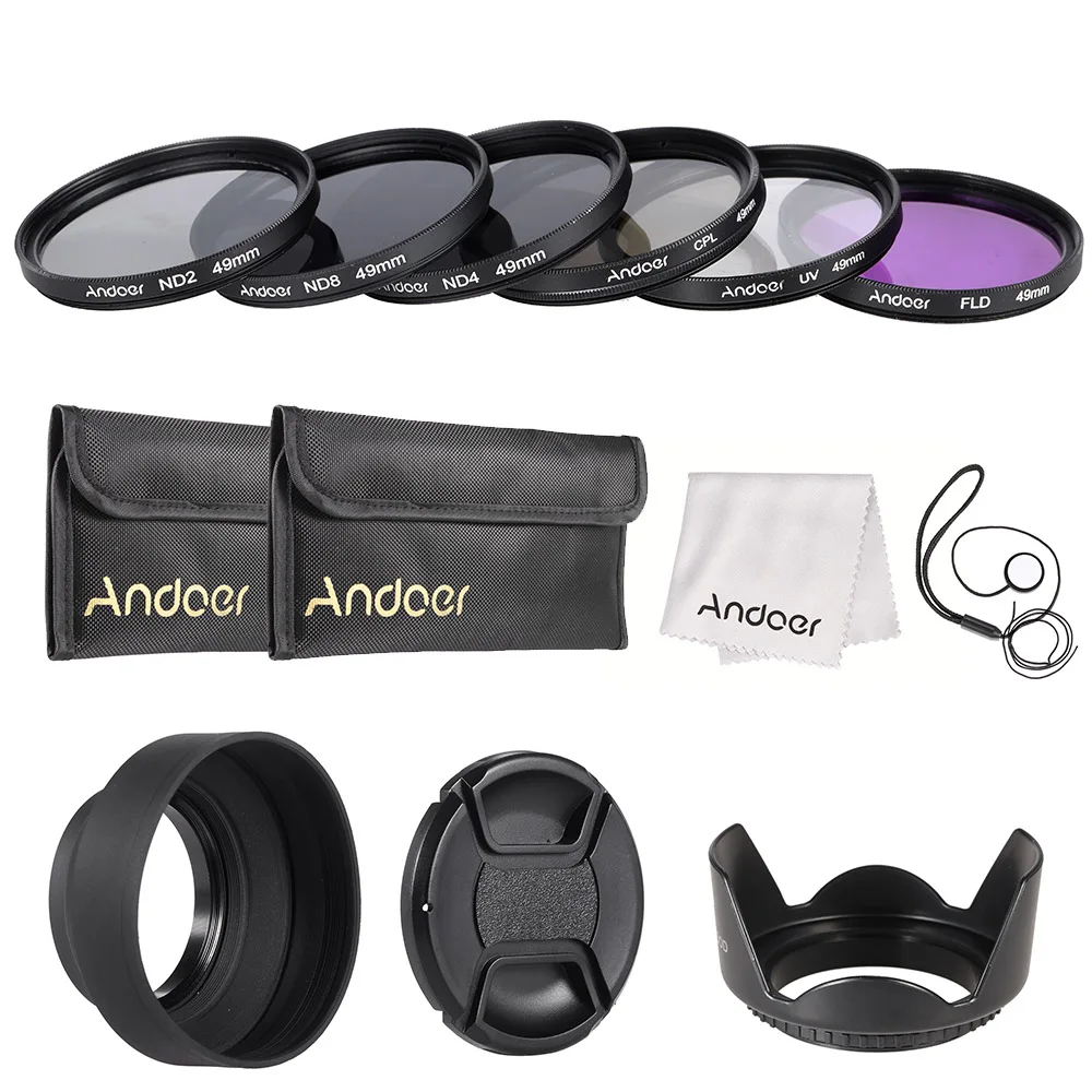 Andoer 49mm Lens Filter Kit UV+CPL+FLD+ND with Carry Pouch / Lens Cap / Lens Holder / Tulip & Rubber Lens Hoods / Cleaning Cloth