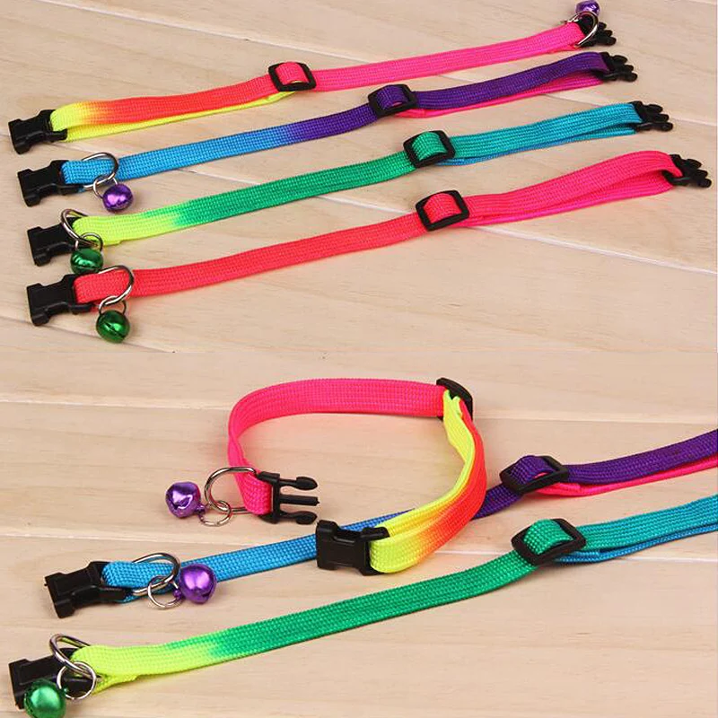 Rainbow Color Pet Dog Cat Collar with Bells 1cm Width Adjustable 24-34cm Length for Small Dogs Holiday Beauty