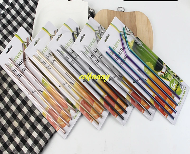 

500sets 6*215mm Colorful 304 Stainless Steel Straws Bent & straight Drinking Straw (4pcs straw +1pcs brush) With retail package