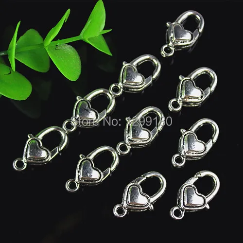 

50pcs/lot Antique Silver Heart Lobster Clasp Necklace Bracelet Hook Clasps bails for Pendant 9x17mm (K00534)