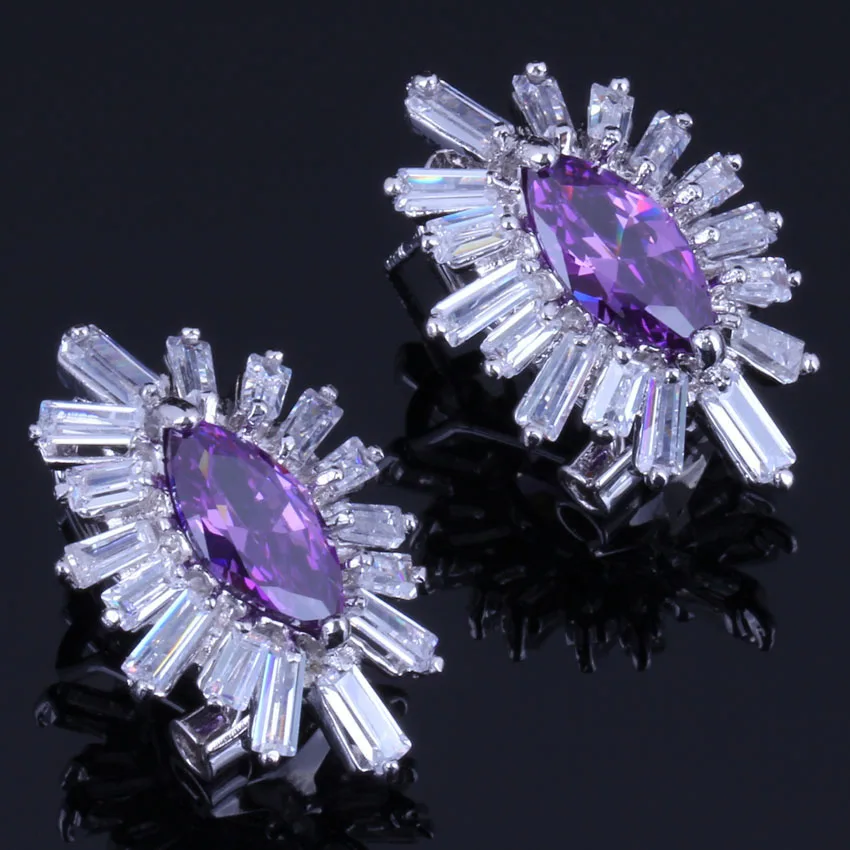 Exclusive Marquise Purple Cubic Zirconia White CZ Silver Plated Clip Hoop Huggie Earrings V0893