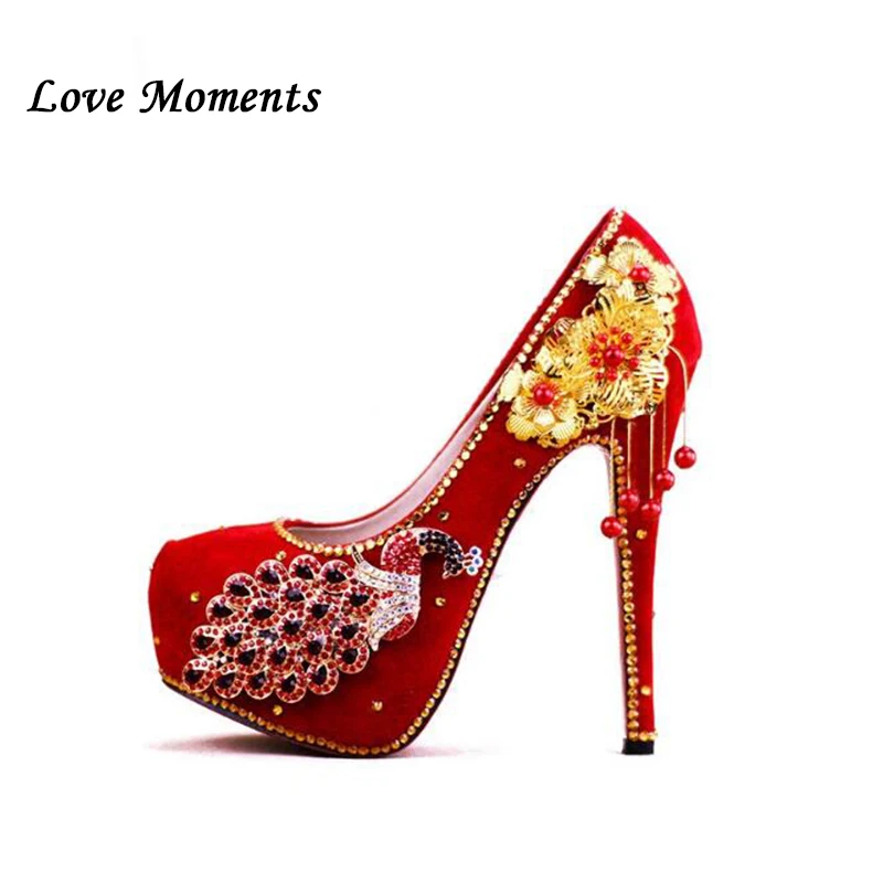 Zapatos de boda con diamantes de imitación aterciopelados rojos para mujer, zapatos de plataforma para dama de honor, zapatos de moda, tacones altos