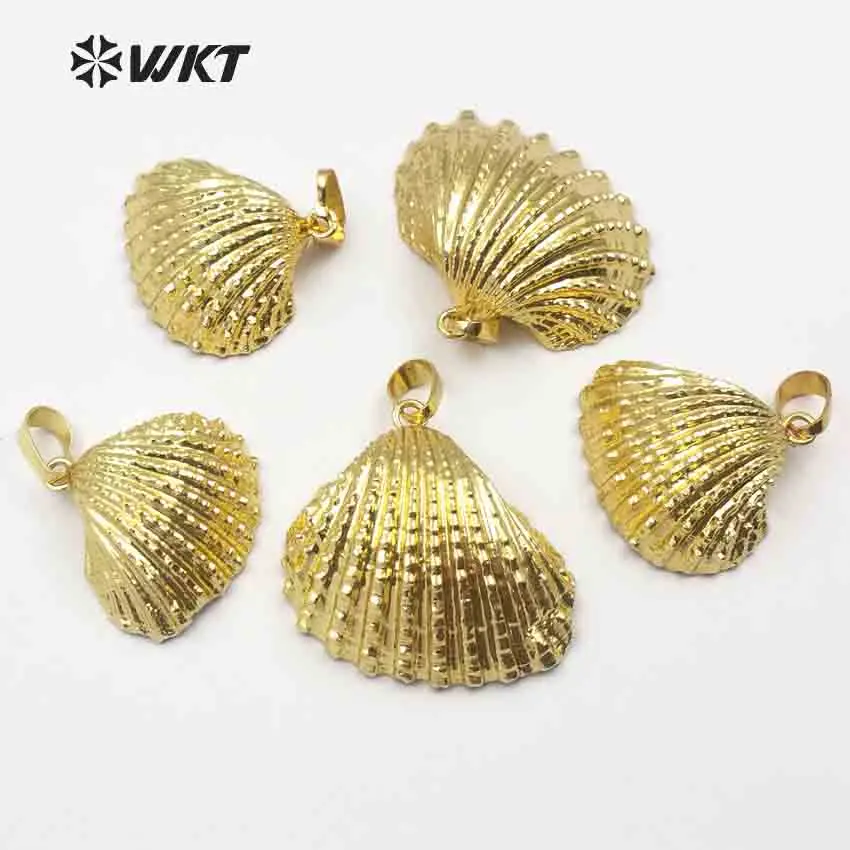 WT-JP018 Wholesale Newest hot full gold trim natural scallop shell pendant, lovely white scallop shell pendant full gold color