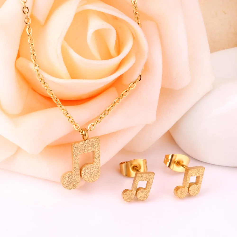 LUXUKISSKIDS Fashion Jewelry Sets Musical Note with Rhinestone Stainless Steel Golden Necklaces and Earrings Dubai/Indian Bijoux