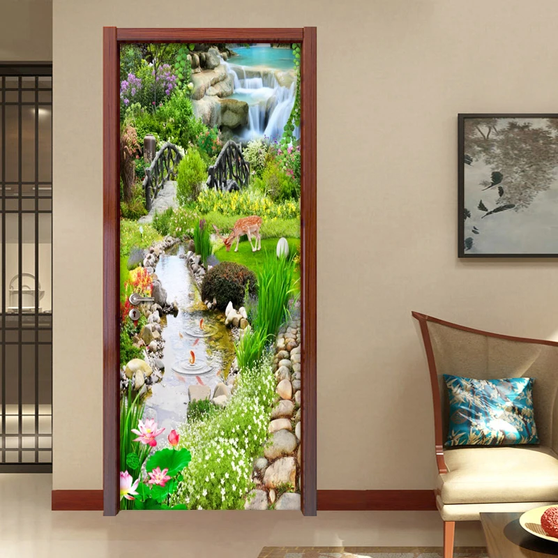3D Door Sticker Park Mural Wooden Bridge Waterfall Stream Photo Wallpaper Wall Stickers PVC Self Adhesive Living Room Bedroom