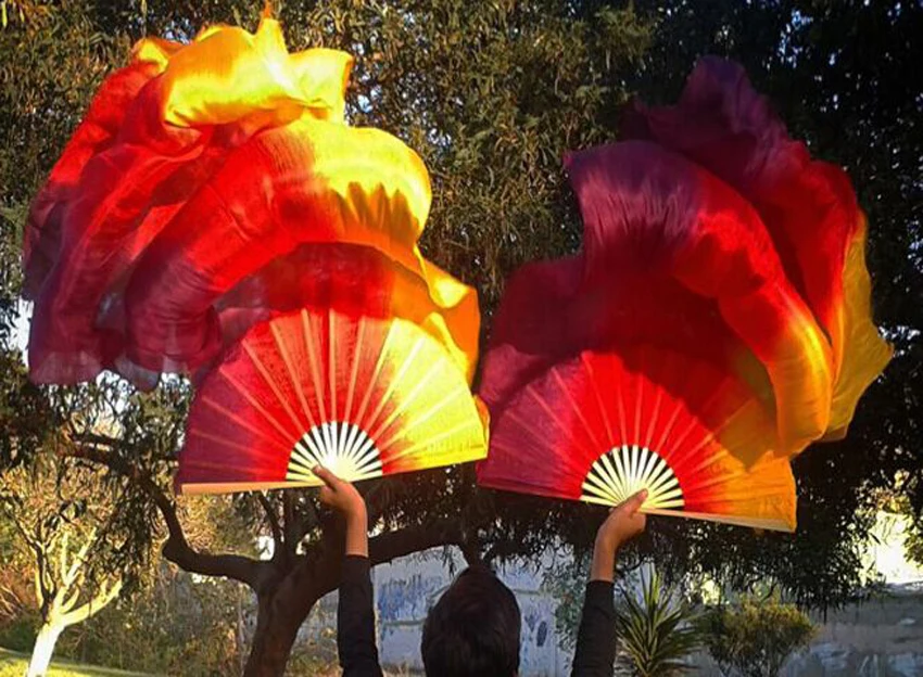 100% Silk high quality Natural Silk Chinese 1 Pair of belly dancing fans 3 colors handmade hand dyed silk veils dance fans