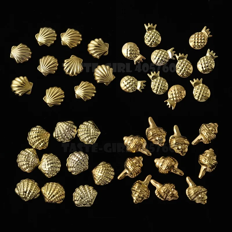 500PCS 3D Silver Gold Ocean Marine Life Seashell Starfish Snail hippocampi Feather Metal Stud Nail Art Rivet Manicure Decoration