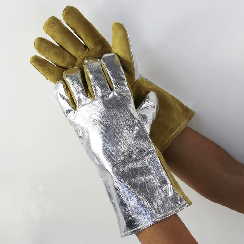 BBQ Oven Mittens Safety Glove High Heat Resistant Aluminized PFR Rayon Welding Glove TIG MIG Cow Split Leather Work Glove