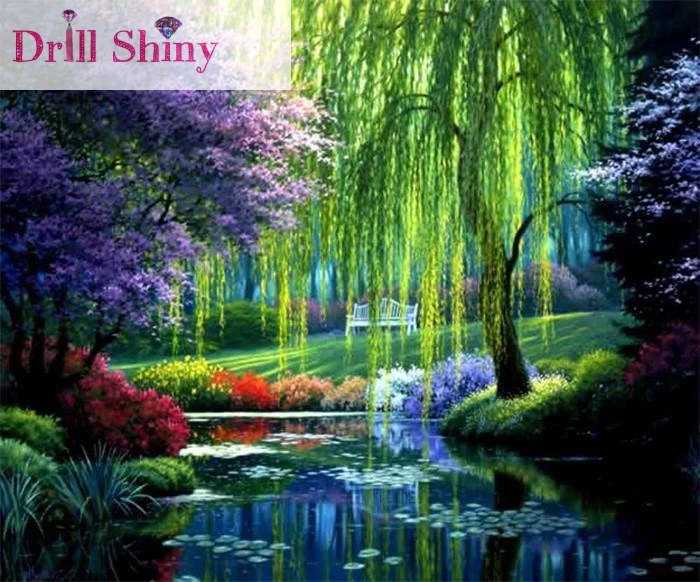 5D Diy Diamond Painting Scenic Willow Tree and Leaves Square Diamonds Full Cross Stitch Wall Sticker Rhinestone Embroidery Craft