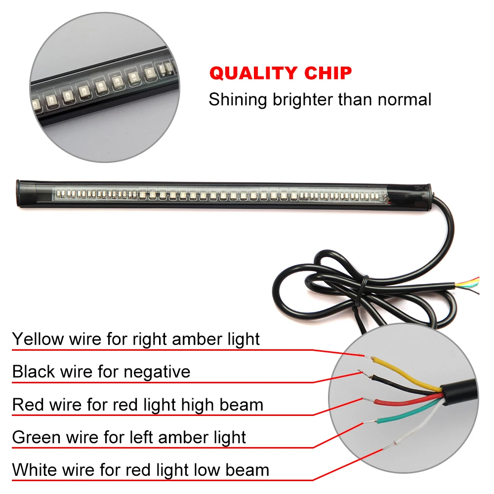 CO LIGHT Flexible Universal 48 LED Brake Tail Stop Light Led Strip Motorcycle Led Turn Signal License Plate Strip Red/Amber 12V