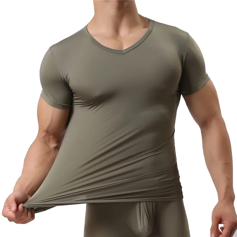 Man Undershirt Ice Silk Spandex Sheer T Shirts Male Nylon V-neck Short Sleeves Tops Ultra-thin Cool Thermal Sleepwear Undershirt