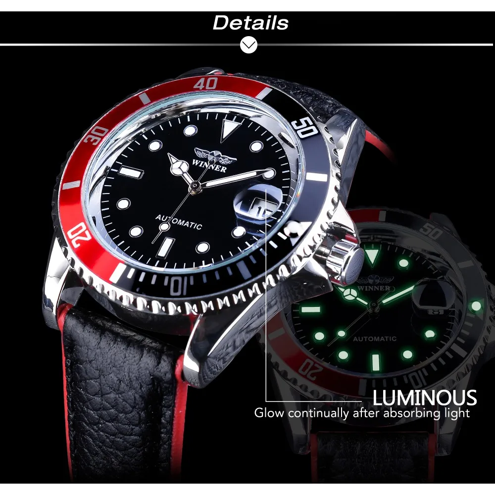 Winner-relojes deportivos para hombre, pulsera de mano de cuero auténtico, con calendario, automático, luminoso, color negro y rojo, a la moda, 2018