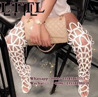 Women Cuts Out Boots Thigh High Gladiator Sandals Boots Sexy Knee High Heel Back Lace up Booties Open Toe Party Shoes