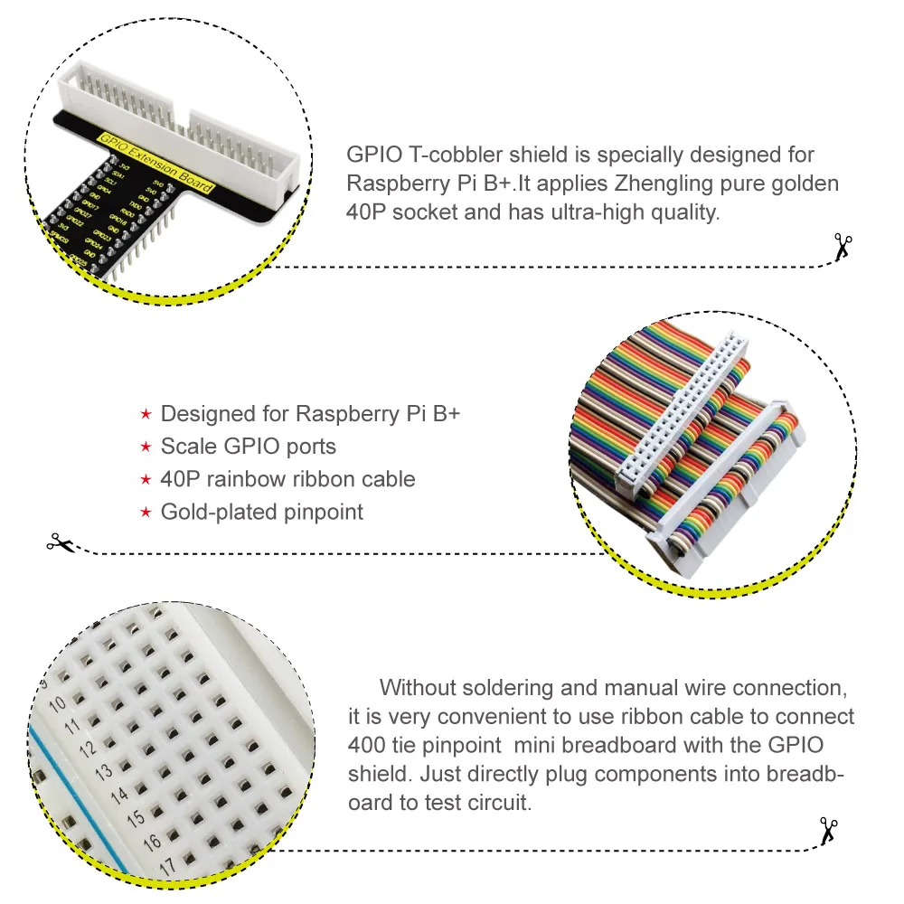 Keyestudio Raspberry Pi T-type GPIO Shield V1 +40P Colorful Ribbon Cable+400-hole Breadboard For Raspberry Pi A+/B+/3B