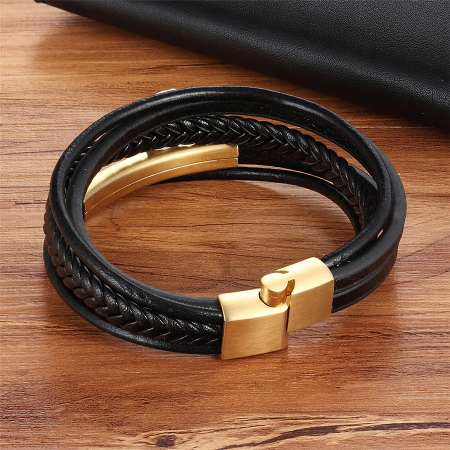 XQNI 19/21/23CM Leather Bracelet Black & Brown Color with Stainless Steel Buckle Easy Hook Bangle For Cool Boys Jewelry Gift