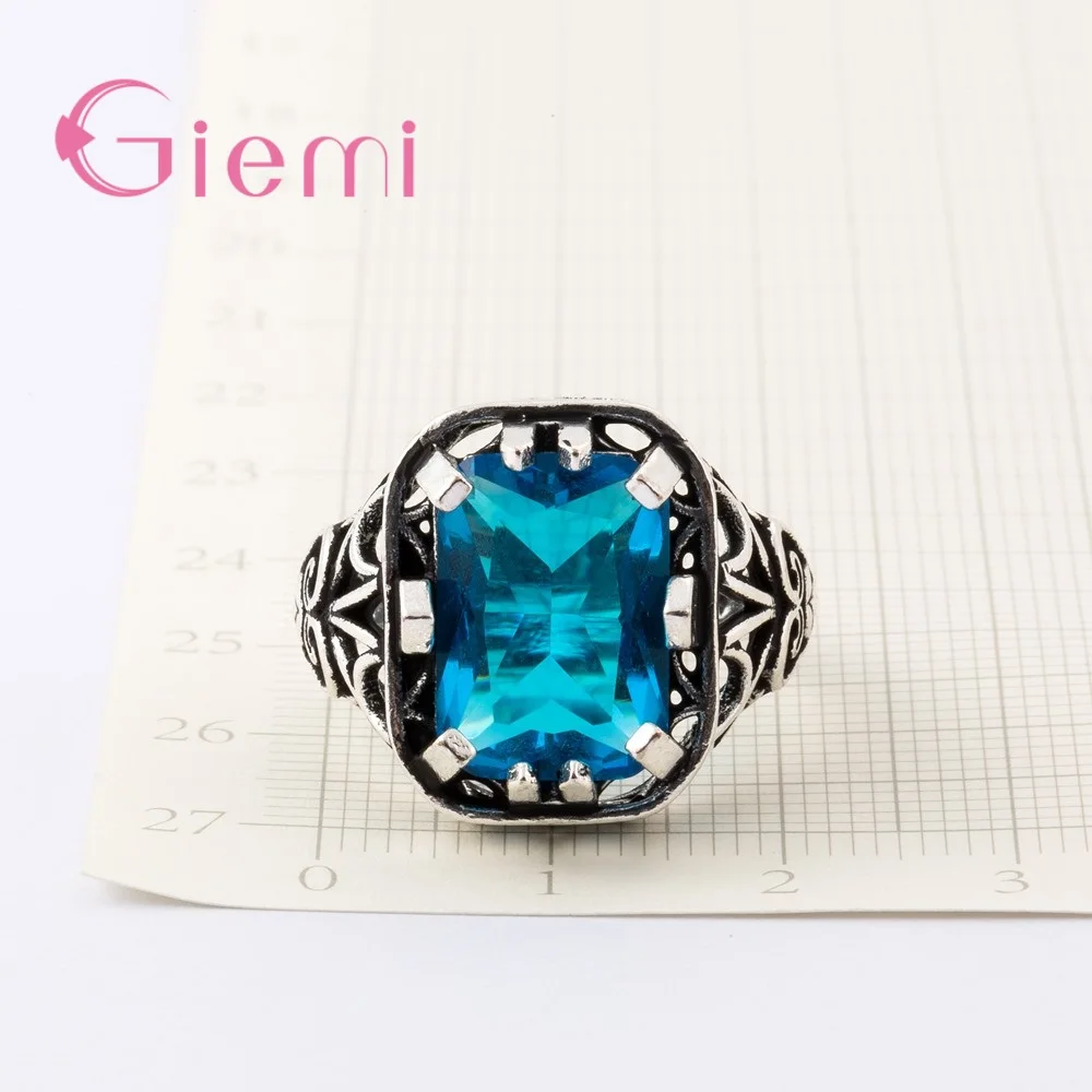 Big Square Chic Jewelry Classic Reto Rings for Women Paved Ocean Blue Zircon Stone Top Rated 925 Sterling Silver  Anillos