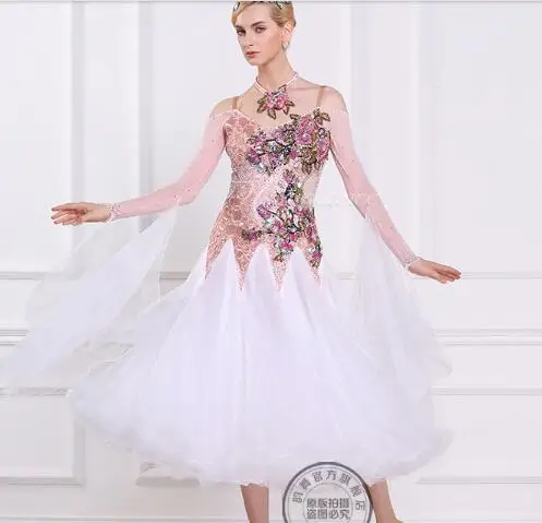 

rhinestone customize custom pink white standard ballroom Waltz tango Fox trot Quick step Ballroom Modern competition Dress