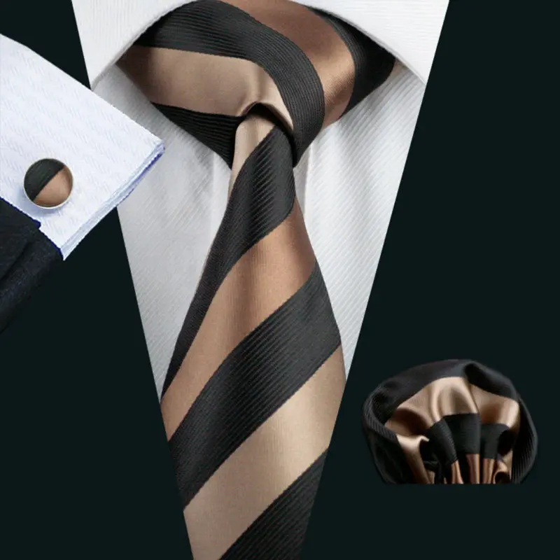 LS-585 Barry.Wang Men`s Tie Silk Striped Jacquard Woven Classic Tie+Hanky+Cufflinks Set For Formal Wedding Business Party