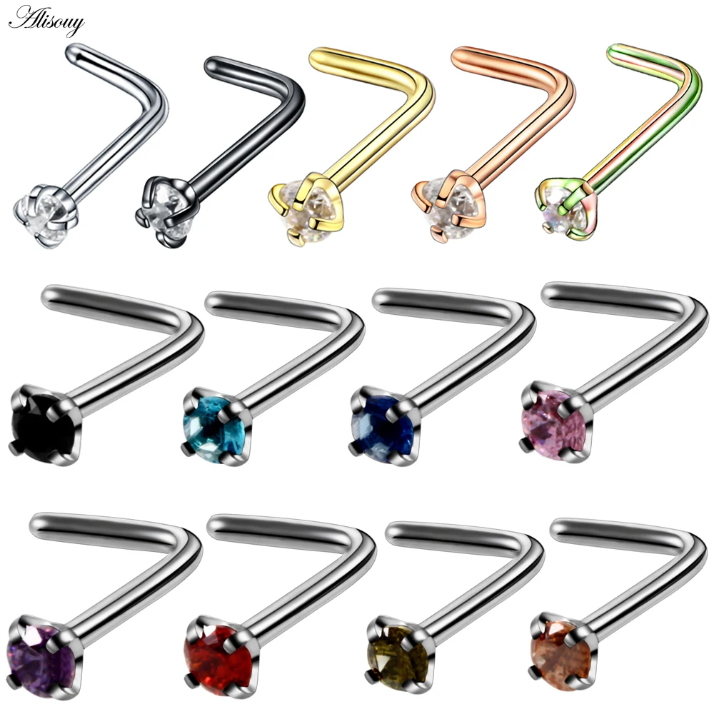 Alisouy 20G Small Nose Studs Piercing L Shape Nose Rings Stainless Steel 316L Cubic Zirconia Body Piercing Jewelry For Women