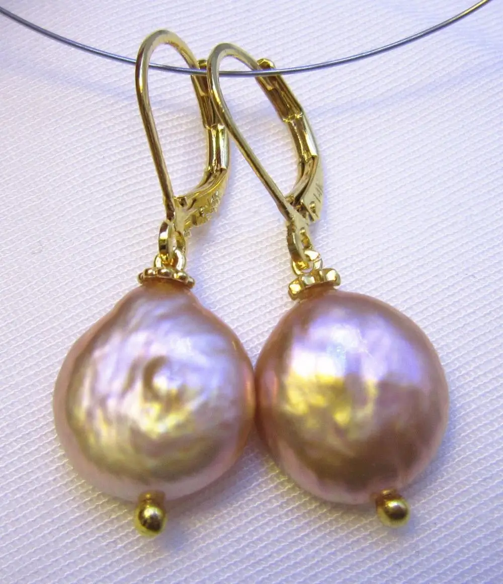 

free shipping natura AAA Baroque 12X13 mm Pink Purple South Sea Pearl Earrings 14k/20 YELLOW GOLD