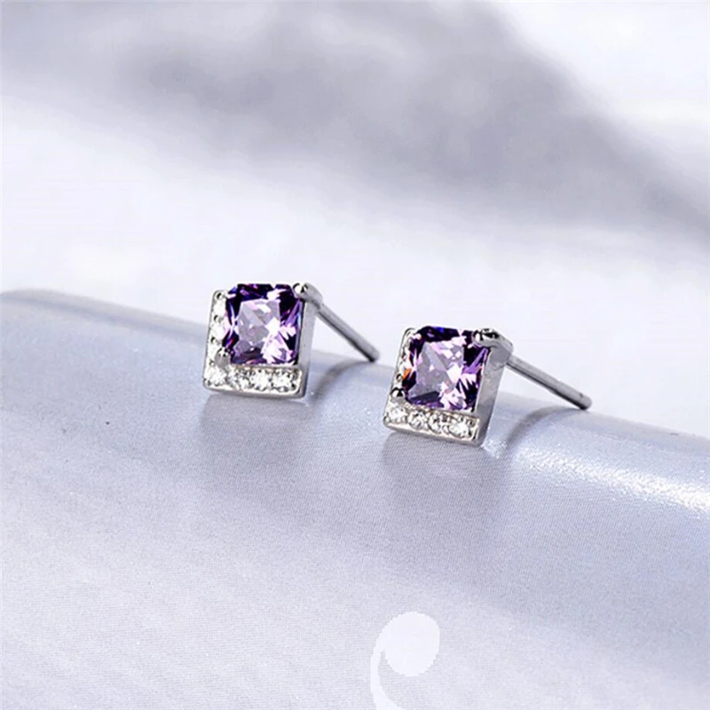 Sole Memory Creative Geometry Square Purple Crystal Silver Color Fashion Female Stud Earrings SEA585