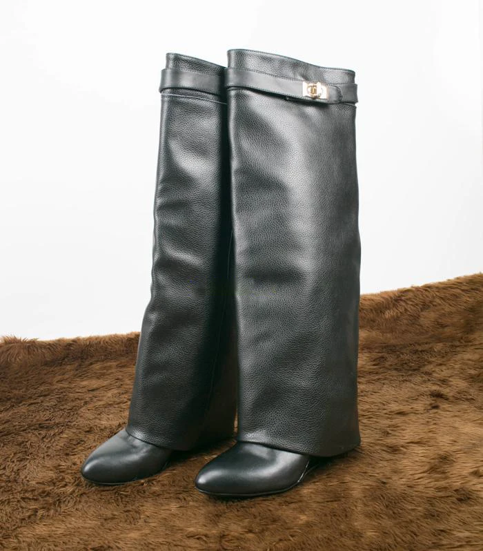 

Fall Winter Best Selling Black Green Shark Lock Long Boots Folded Suede Leather Wedge Heel Knee Boots Height Increasing Boots